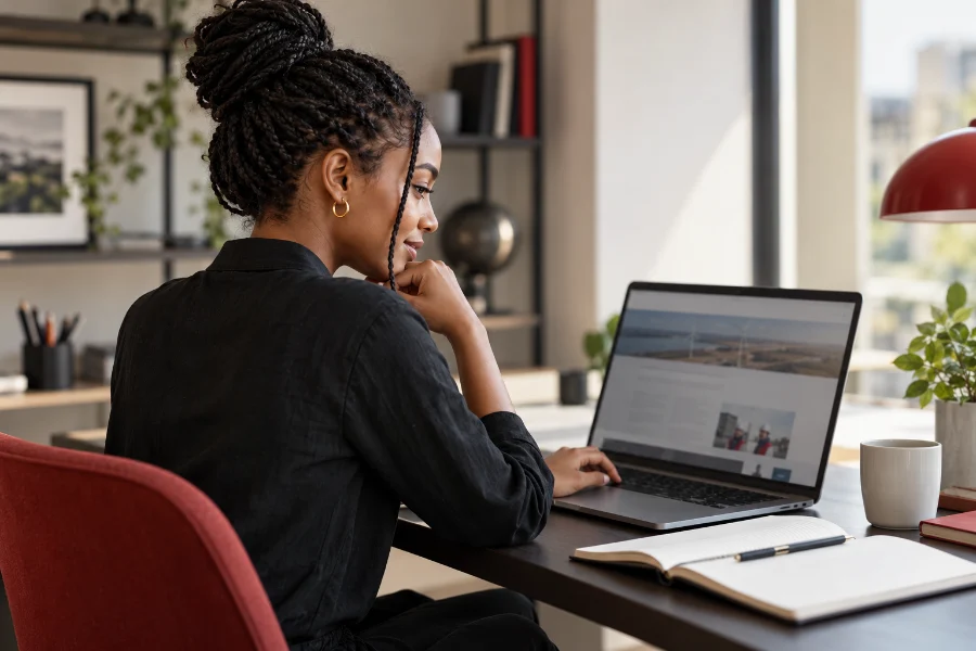 Recruitment illustration: an engineer exploring an opportunity on a laptop