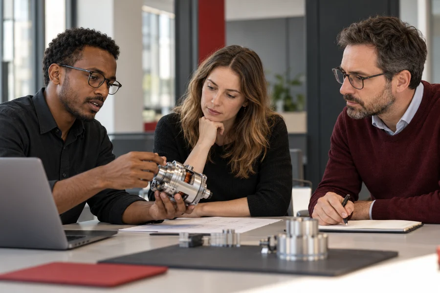 Recruitment illustration: a candidate discussing engineering work with interviewers