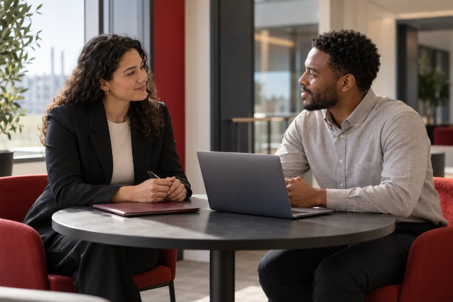 Recruitment illustration: HR discussing next steps with a candidate